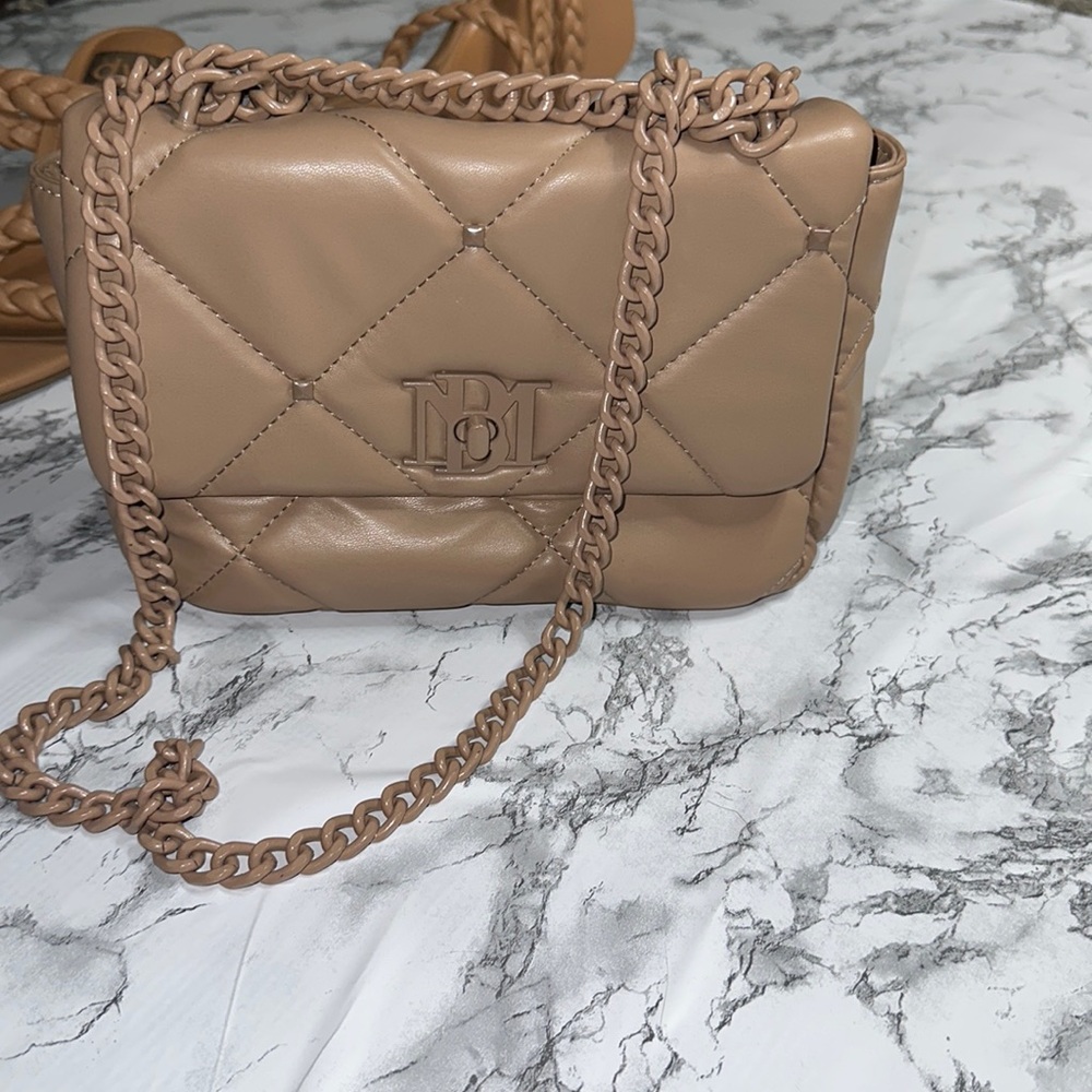 Badgley Mischka Quilted Faux Vegan Handbag with double chain strap metal